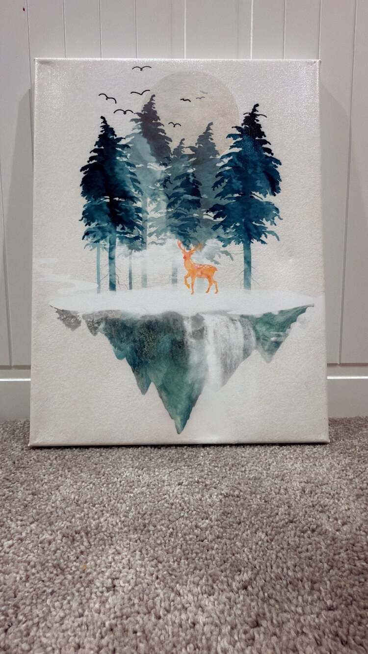 Watercolor Forest Floating Island Canvas Wall Art with Deer